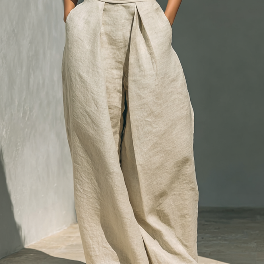 Women's minimalist set in cotton and linen with sleeveless blouse and wide-leg pants