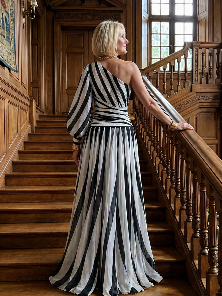Elegant Striped Maxi Dress with One Shoulder