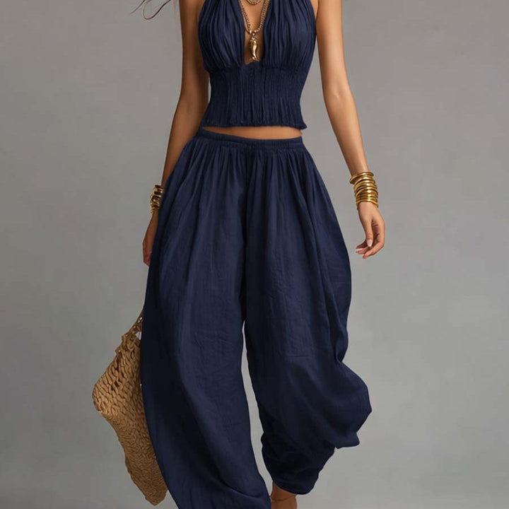 Bohemian Cotton-Linen Halter Smocked Crop Top & Harem Pants Two-Piece Set