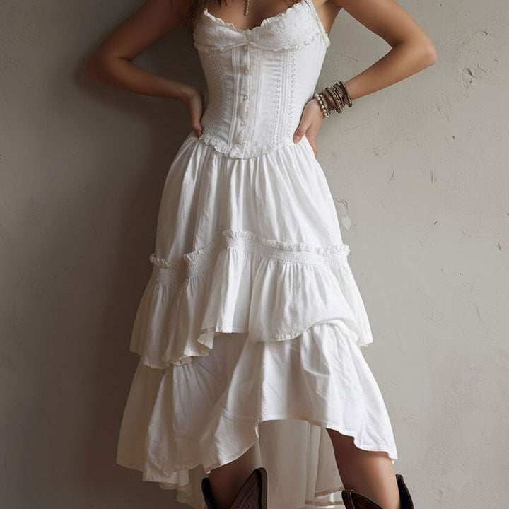 Retro Boho Corset Tiered Midi Dress With Lace-Trim