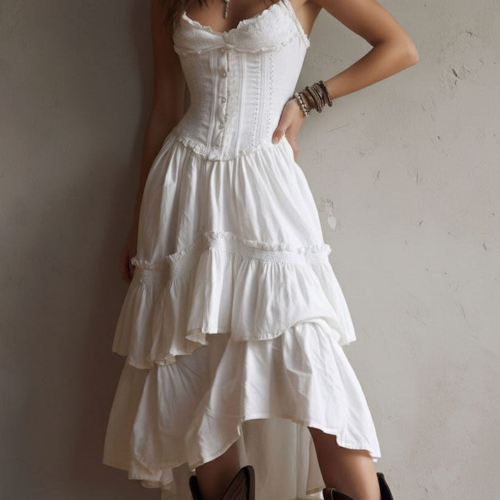 Retro Boho Corset Tiered Midi Dress With Lace-Trim