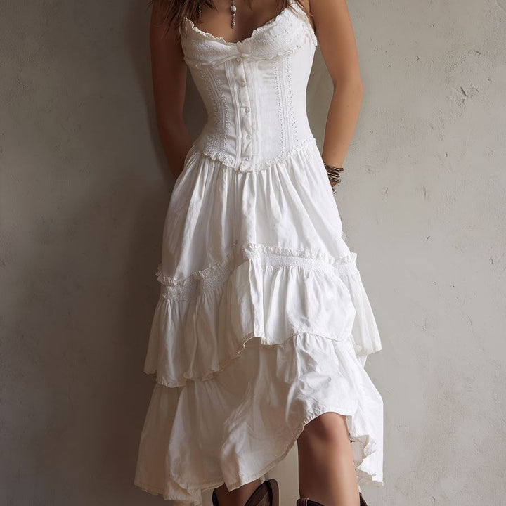 Retro Boho Corset Tiered Midi Dress With Lace-Trim