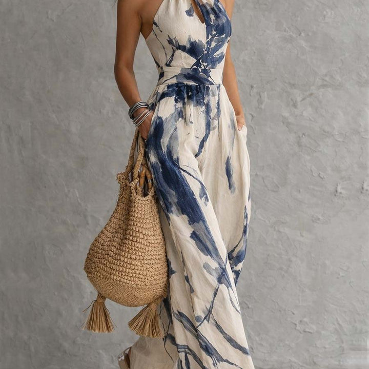 Halter Neck Ink Wash Print Wide Leg Jumpsuit With Pockets