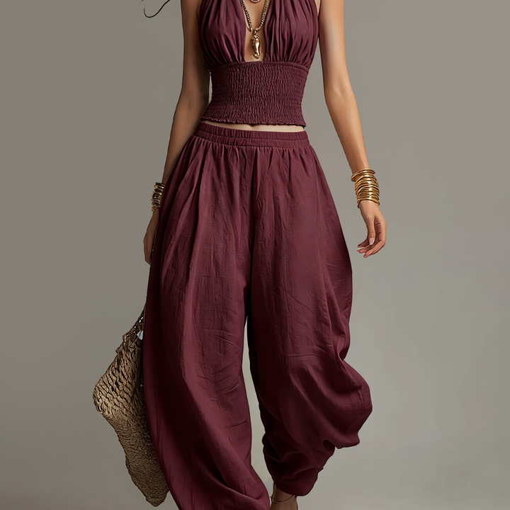 Bohemian Cotton-Linen Halter Smocked Crop Top & Harem Pants Two-Piece Set
