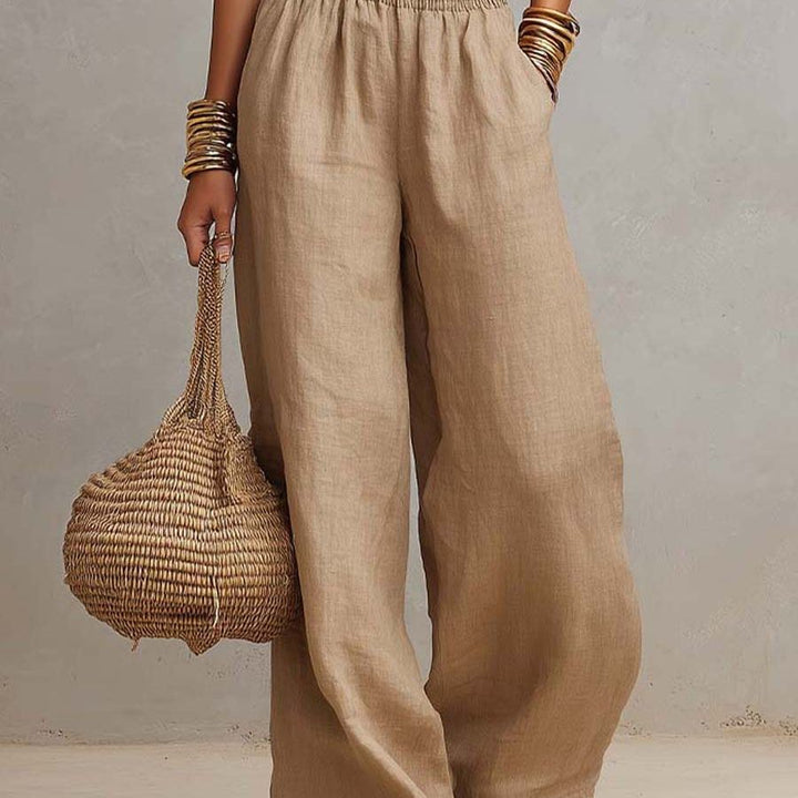Tan Cotton Linen Halter Neck Smocked Waist Wide Leg Jumpsuit