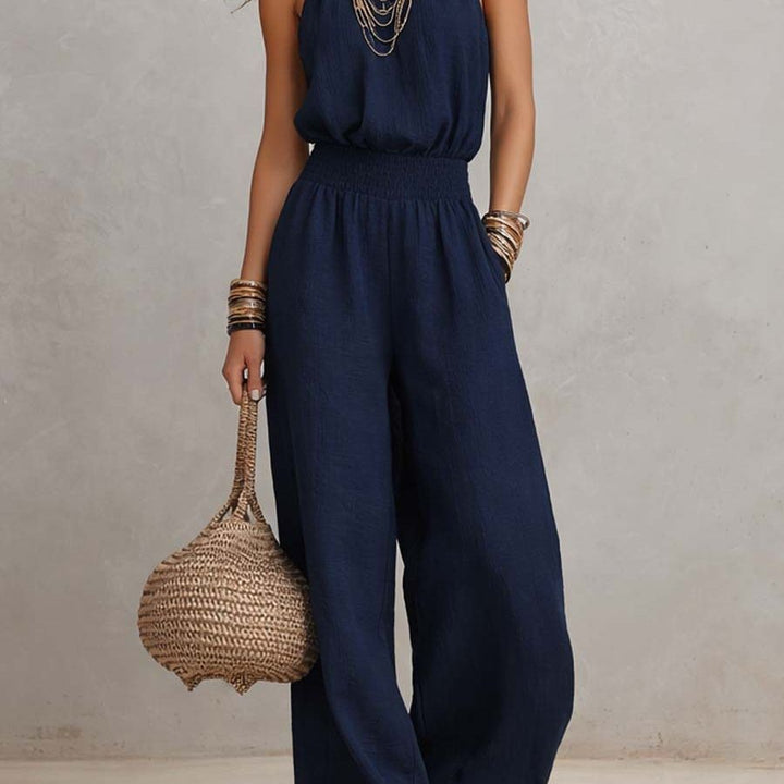 Tan Cotton Linen Halter Neck Smocked Waist Wide Leg Jumpsuit