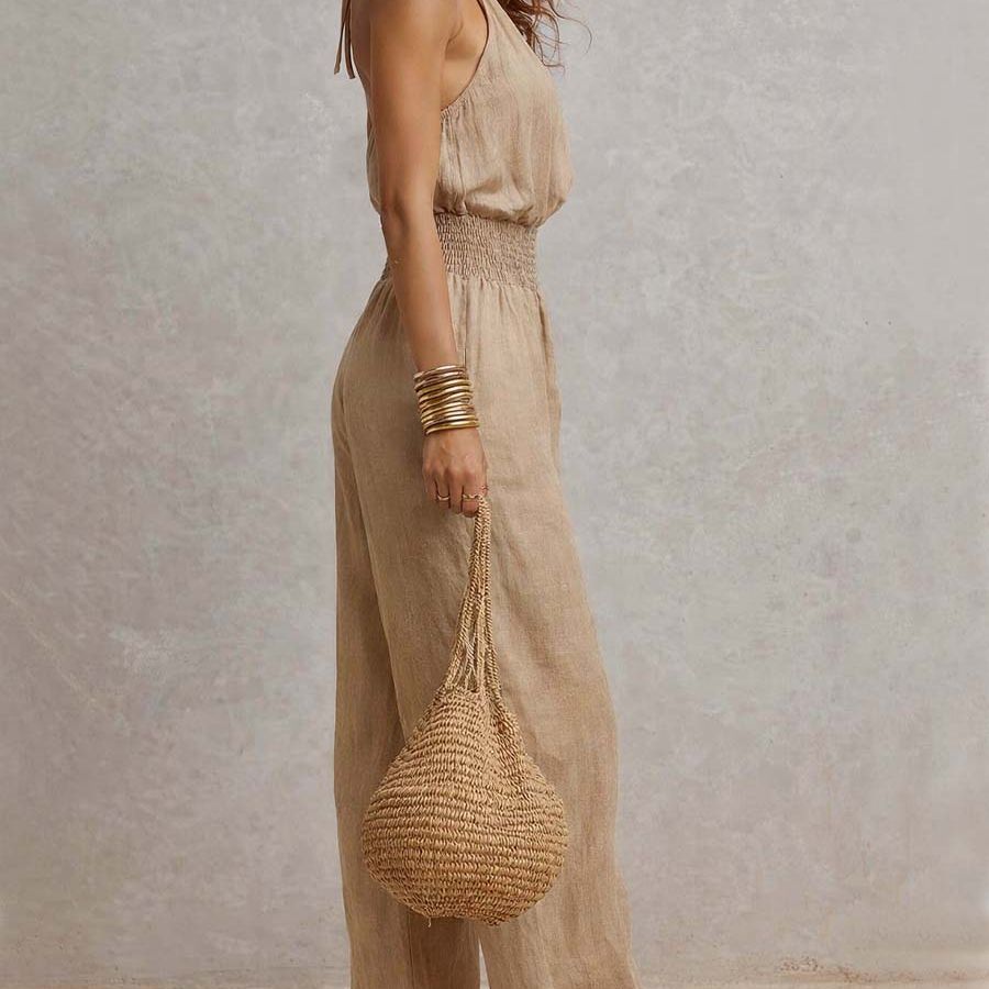 Tan Cotton Linen Halter Neck Smocked Waist Wide Leg Jumpsuit