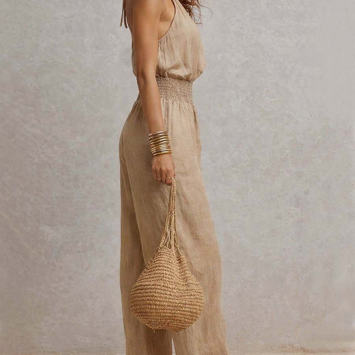 Tan Cotton Linen Halter Neck Smocked Waist Wide Leg Jumpsuit