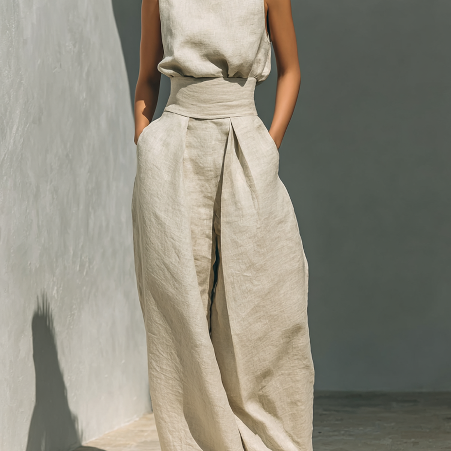 Women's minimalist set in cotton and linen with sleeveless blouse and wide-leg pants