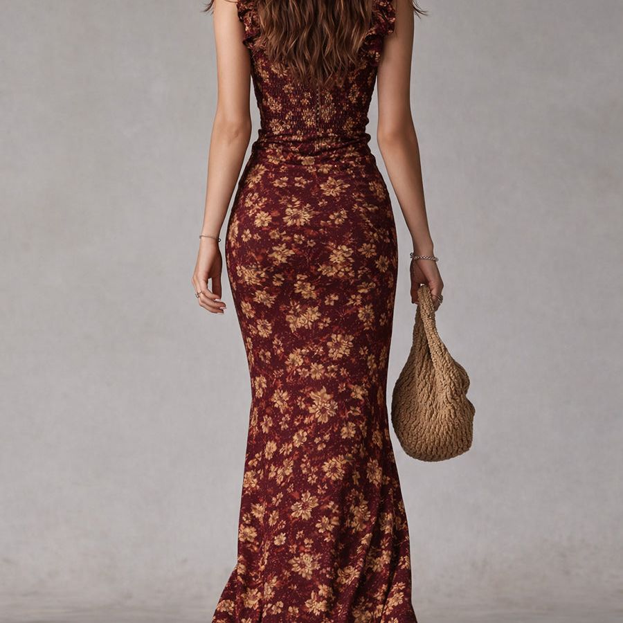 Boho Retro Ruffled Sleeves High Slit Maxi Dress