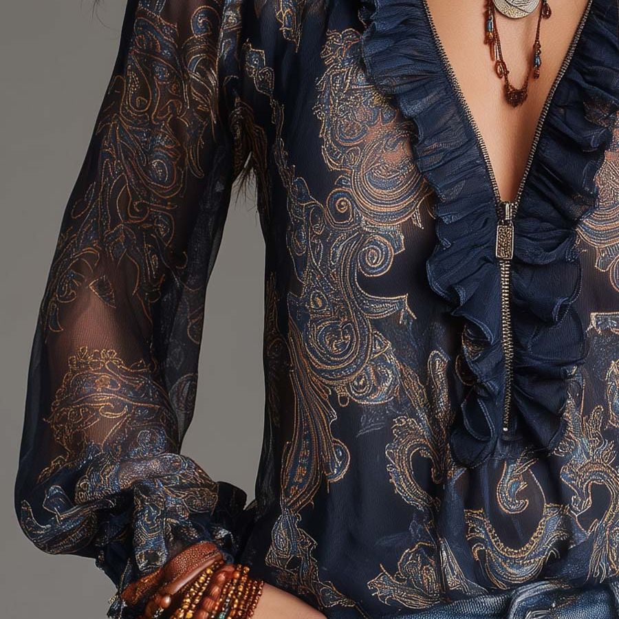 Navy Baroque Paisley Ruffle Zip Chiffon Blouse