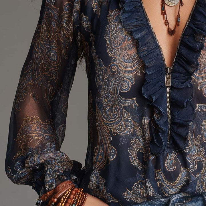 Navy Baroque Paisley Ruffle Zip Chiffon Blouse