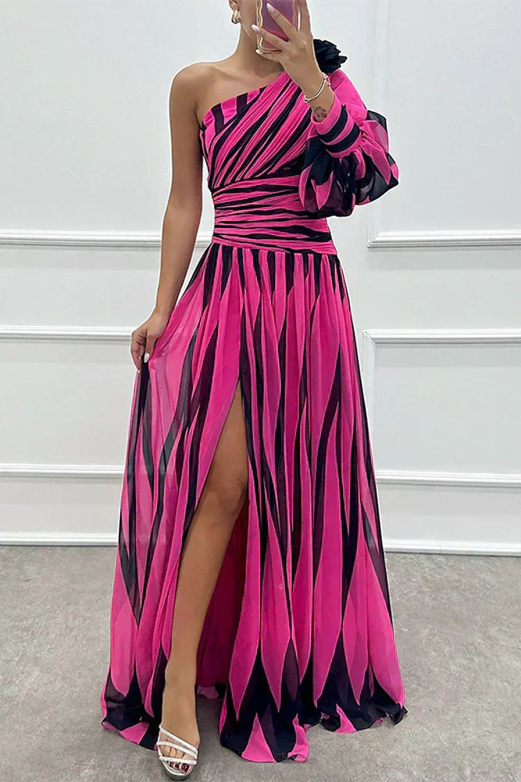 Elegant Striped Maxi Dress with One Shoulder