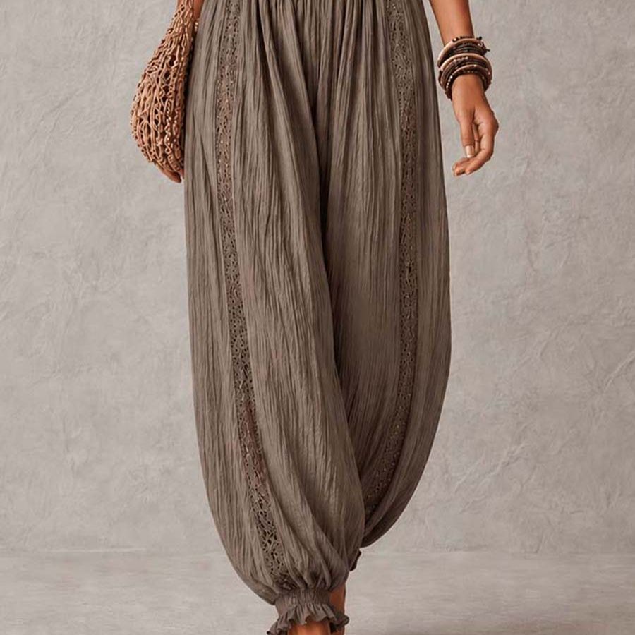 Bohemian Taupe Lace Bustier And Crinkle Cotton Harem Pants Set