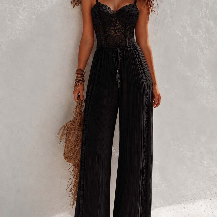 Bohemian Cream Lace Corset And Pleated Wide-Leg Jumpsuit