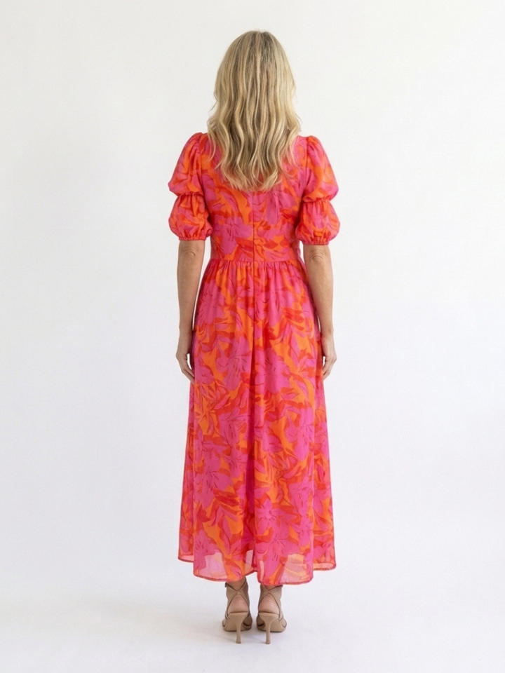 Floral V Neck Puff Sleeve Midi Dress