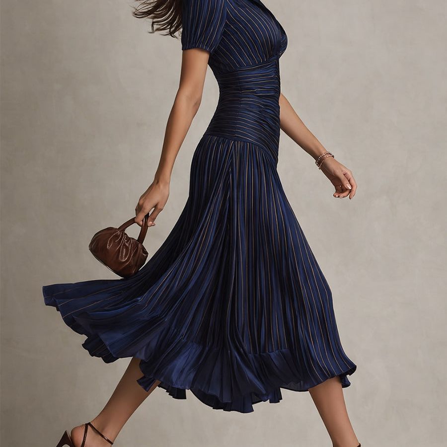 Retro Striped Satin Pleated Bodycon Midi Dress
