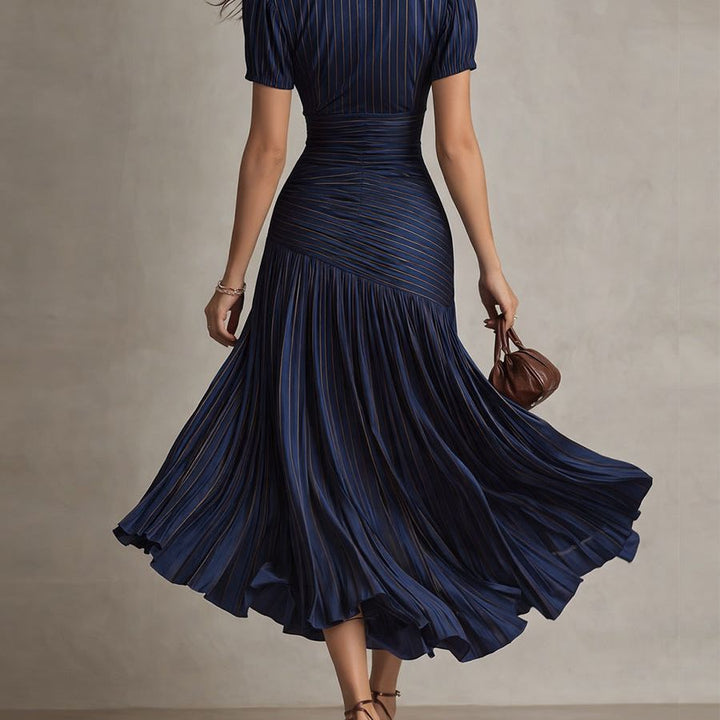 Retro Striped Satin Pleated Bodycon Midi Dress
