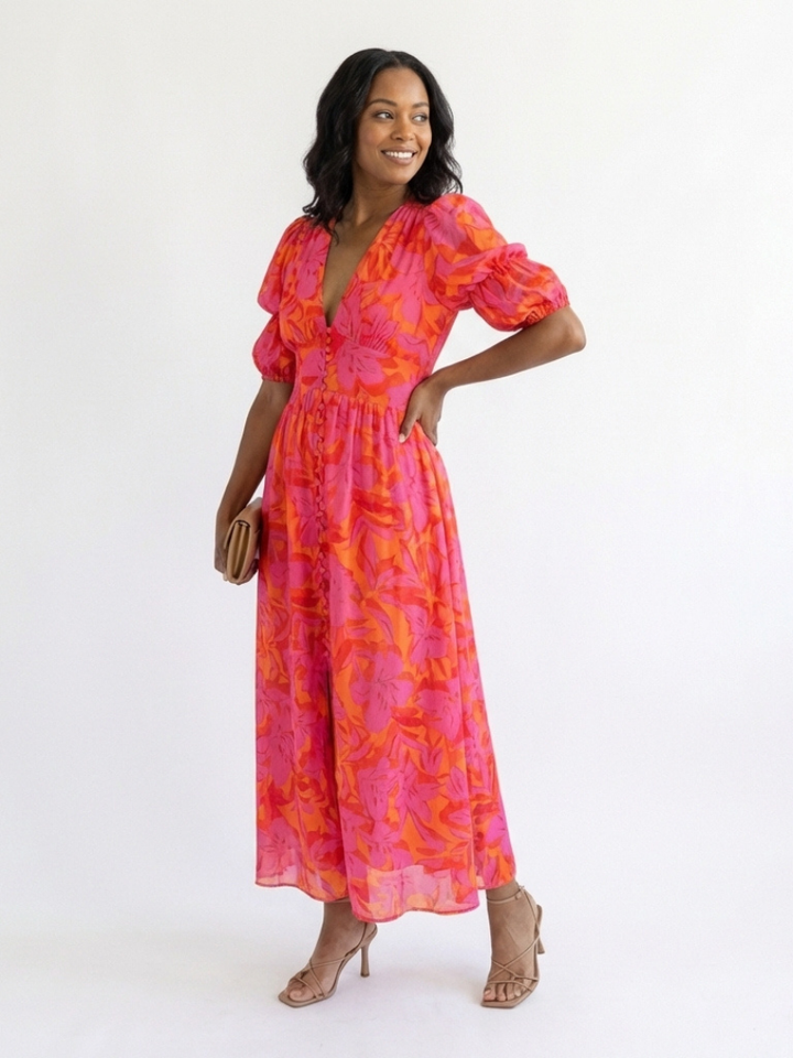 Floral V Neck Puff Sleeve Midi Dress
