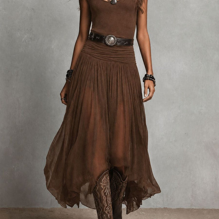 Boho Western Black  Stretchy Maxi  Dress With Sheer Skirt