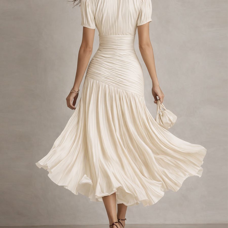 Retro Striped Satin Pleated Bodycon Midi Dress