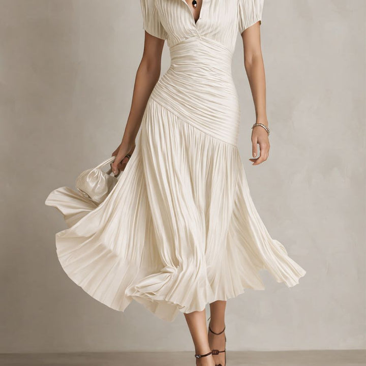 Retro Striped Satin Pleated Bodycon Midi Dress
