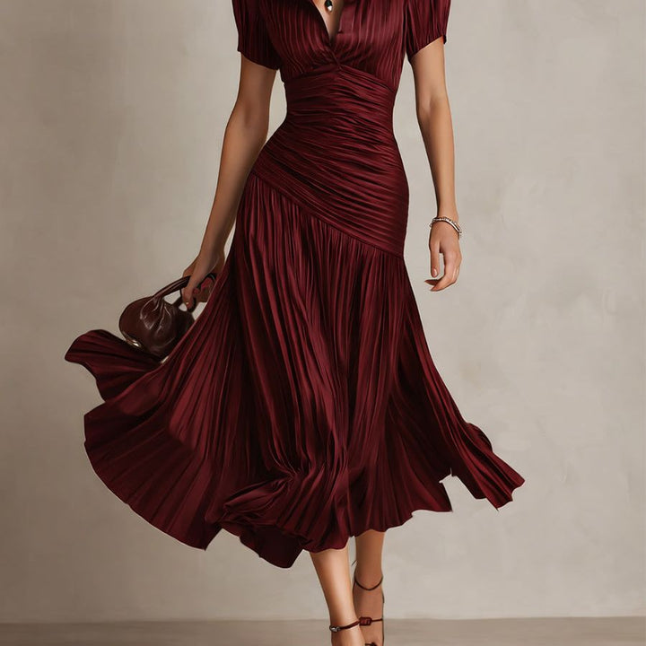 Retro Striped Satin Pleated Bodycon Midi Dress
