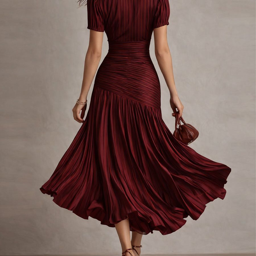 Retro Striped Satin Pleated Bodycon Midi Dress