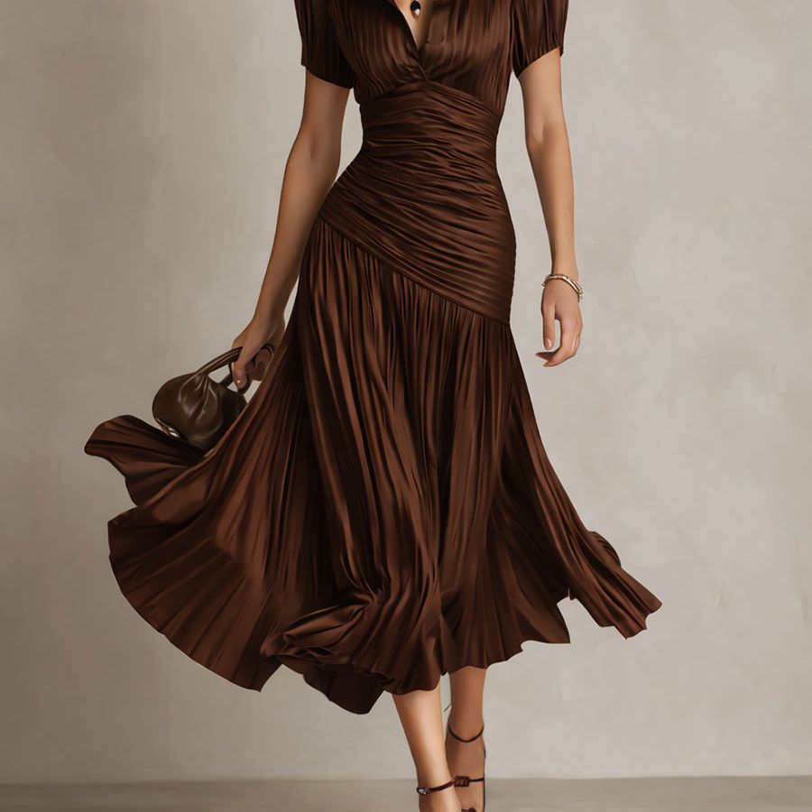 Retro Striped Satin Pleated Bodycon Midi Dress