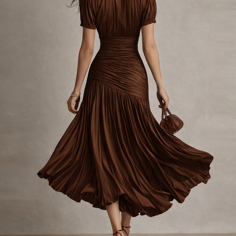 Retro Striped Satin Pleated Bodycon Midi Dress
