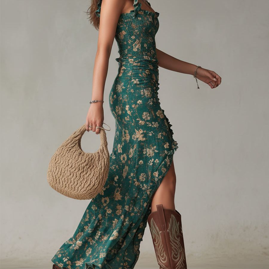 Boho Retro Ruffled Sleeves High Slit Maxi Dress