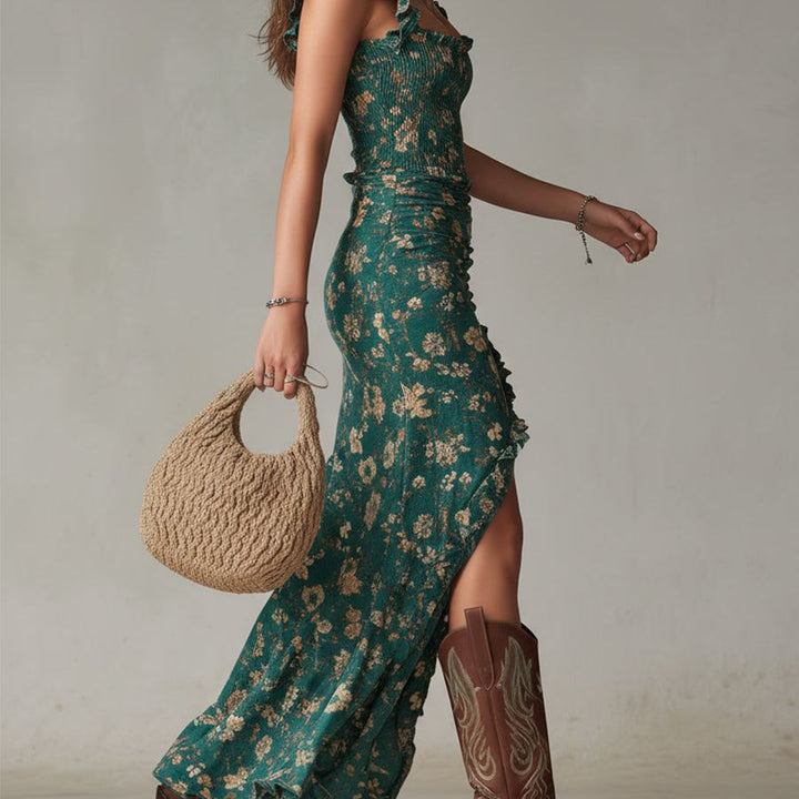Boho Retro Ruffled Sleeves High Slit Maxi Dress