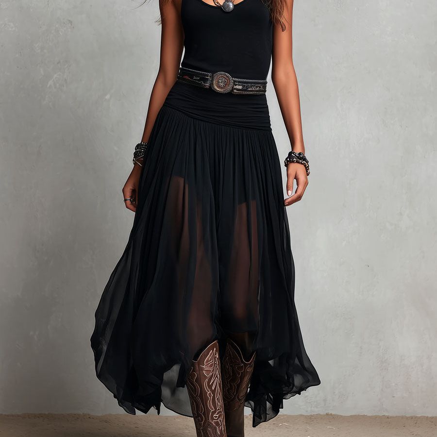 Boho Western Black  Stretchy Maxi  Dress With Sheer Skirt