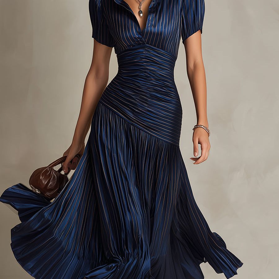 Retro Striped Satin Pleated Bodycon Midi Dress