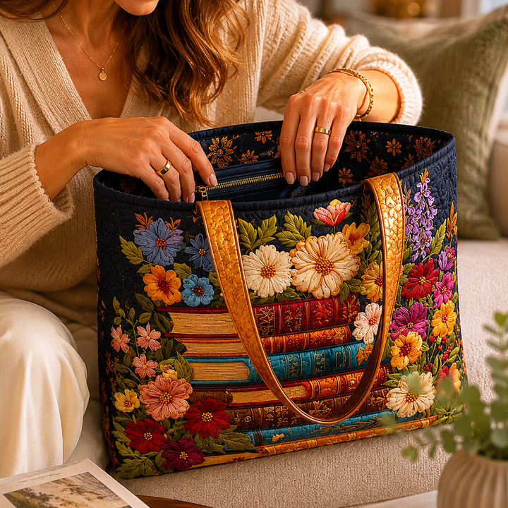 Quilted Tote Bag - Floral and book print