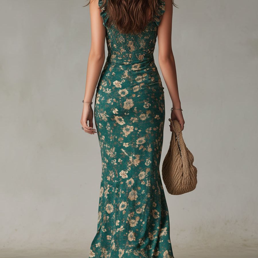Boho Retro Ruffled Sleeves High Slit Maxi Dress