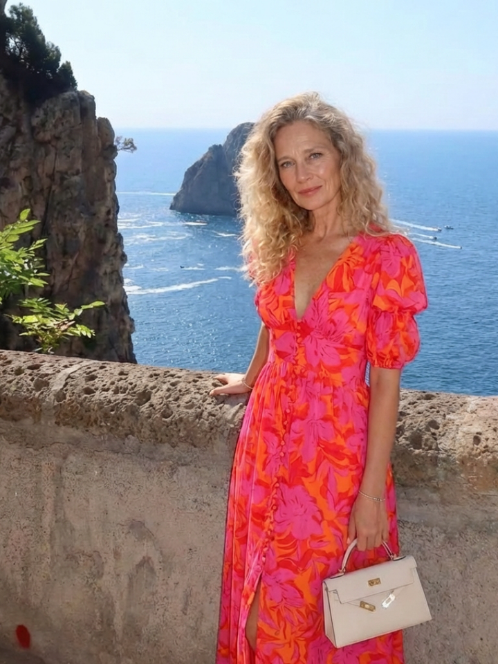 Floral V Neck Puff Sleeve Midi Dress