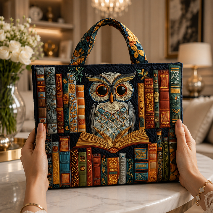 Quilted Tote Bag - Owl and Ancient Books