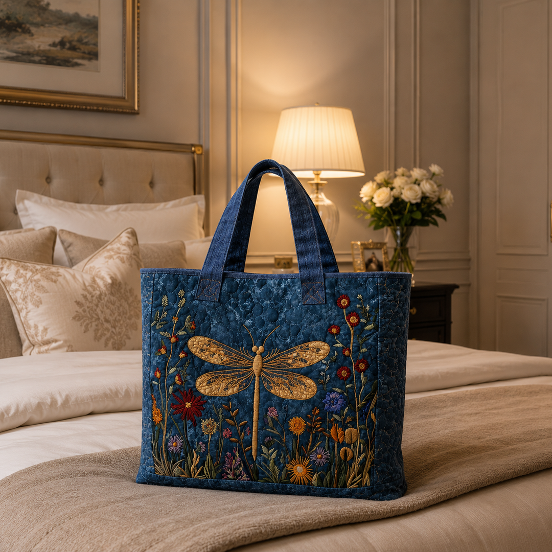 Quilted Tote Bag - Golden Dragonfly