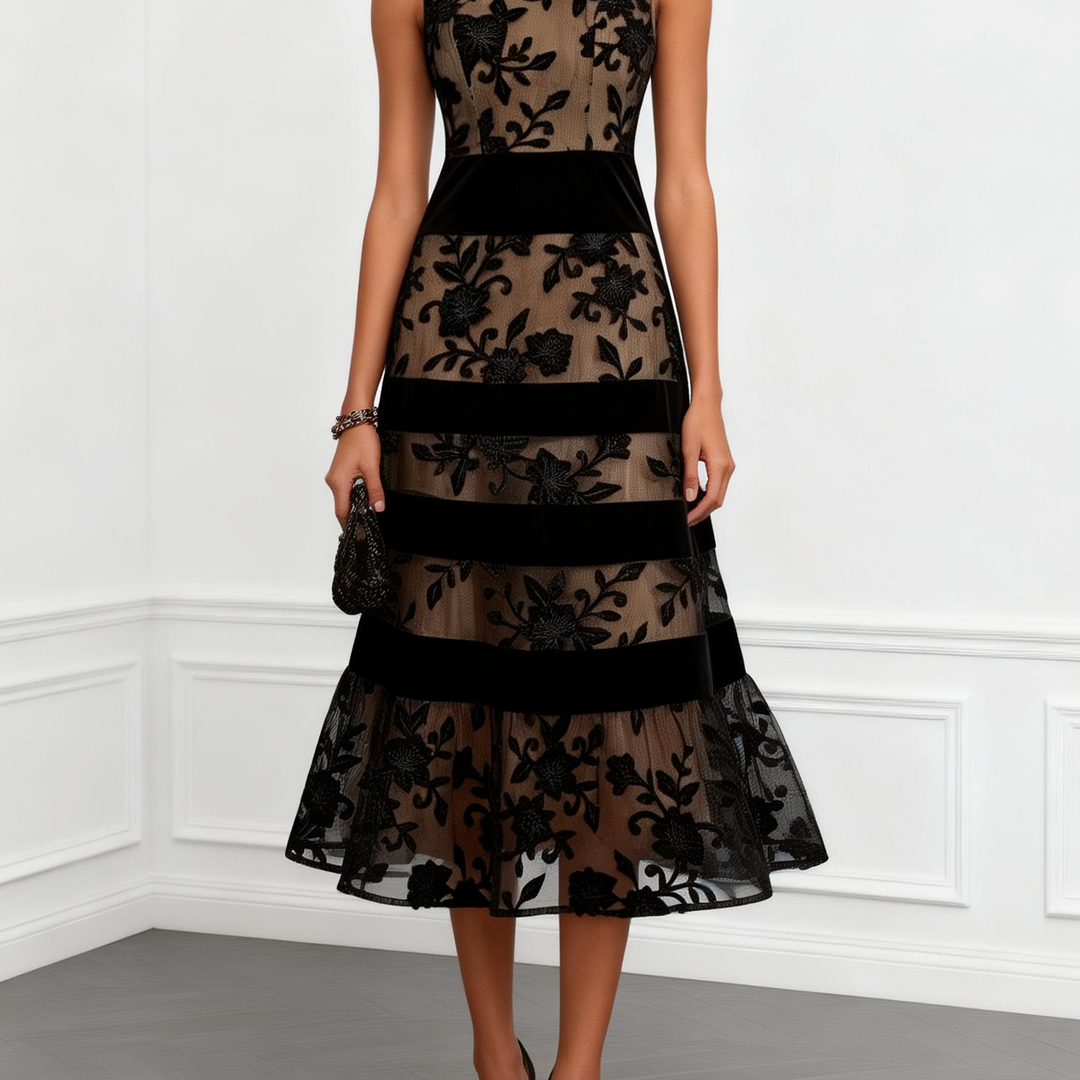 Black Mesh Floral Sleeveless A-Line Midi Dress