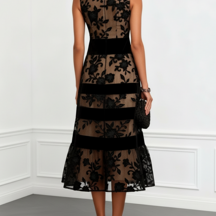 Black Mesh Floral Sleeveless A-Line Midi Dress