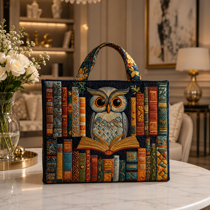 Quilted Tote Bag - Owl and Ancient Books