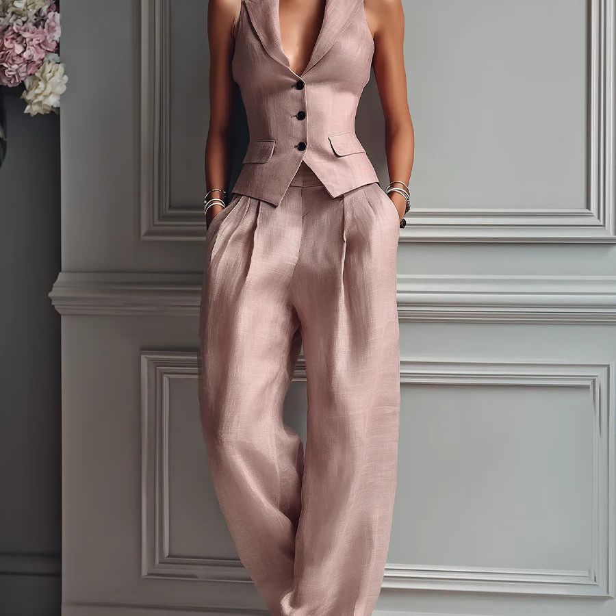 Women's Two-Piece Set with V-Neck and Buttons