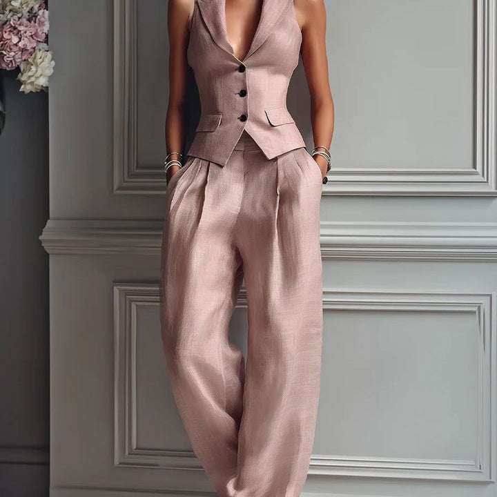 Women's Two-Piece Set with V-Neck and Buttons