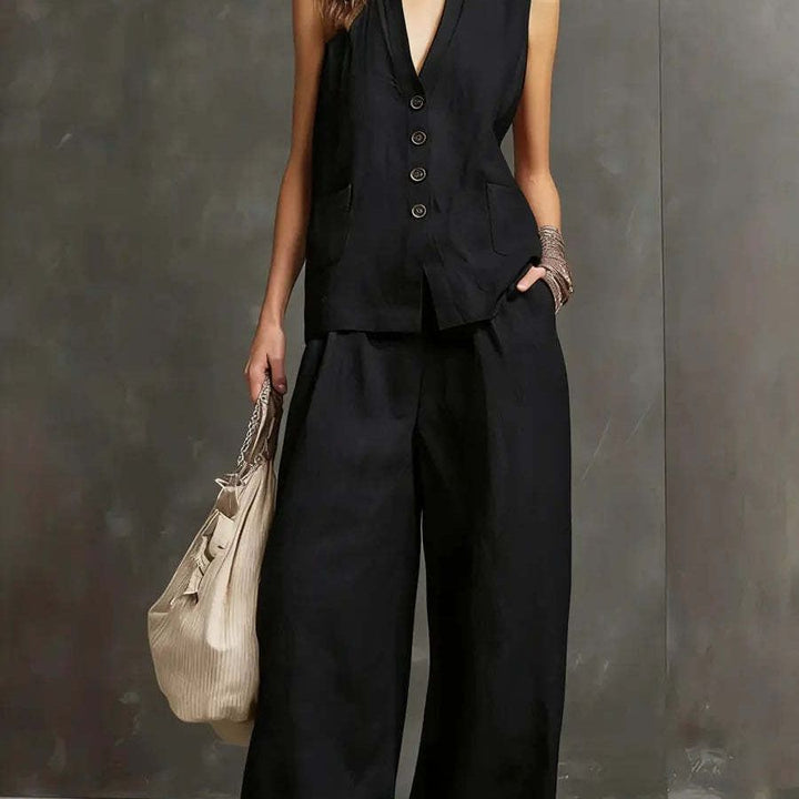 Two-Piece Set in Cotton and Linen with Sleeveless Vest and Wide-Leg Pants