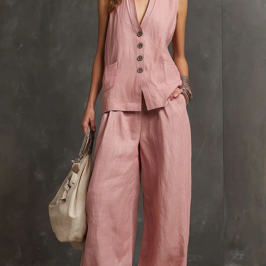 Two-Piece Set in Cotton and Linen with Sleeveless Vest and Wide-Leg Pants