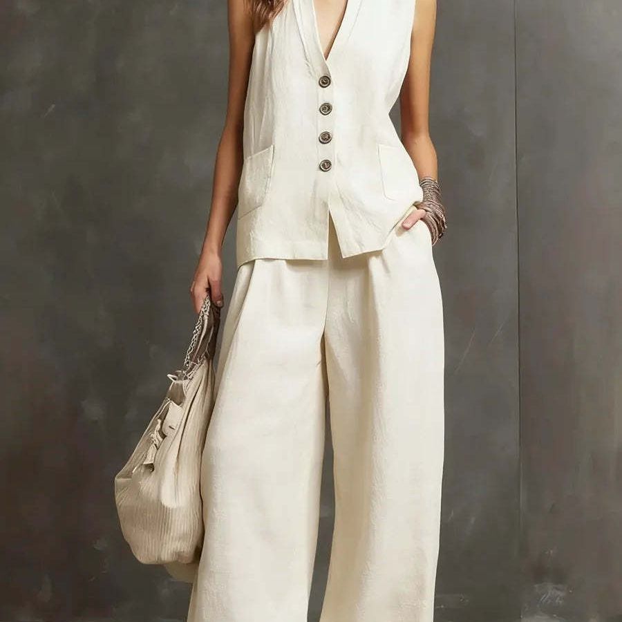 Two-Piece Set in Cotton and Linen with Sleeveless Vest and Wide-Leg Pants