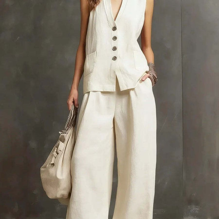 Two-Piece Set in Cotton and Linen with Sleeveless Vest and Wide-Leg Pants