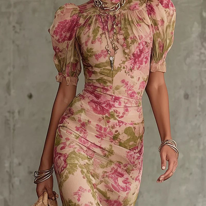 Vintage Rose Print Maxi Dress With Puff Sleeves (Accessories not included)