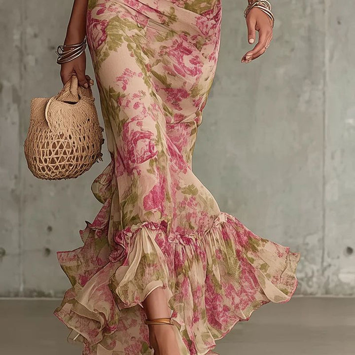 Vintage Rose Print Maxi Dress With Puff Sleeves (Accessories not included)